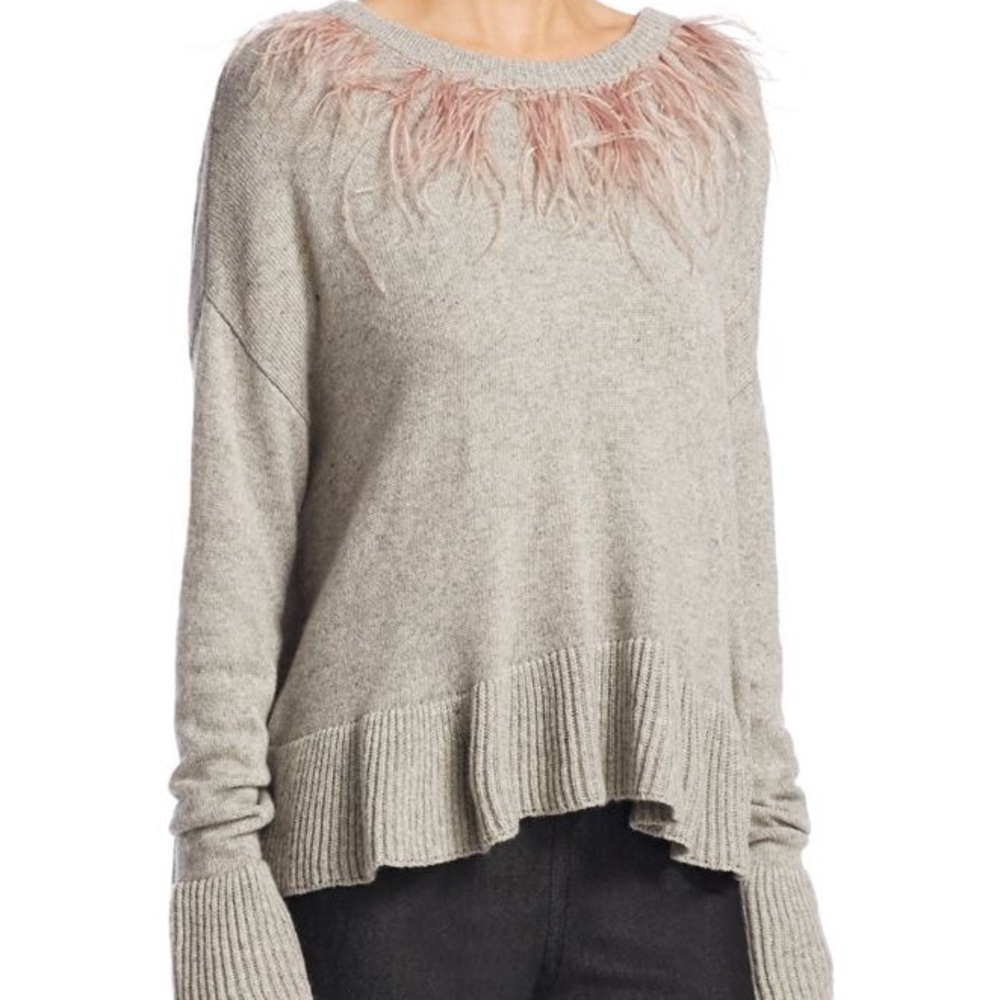 cinq a sept sweater, pink ostrich feather neck detail